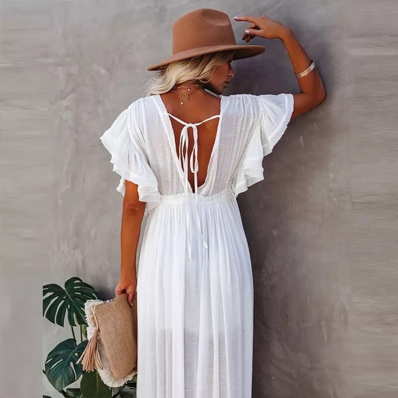 White Boho Deep V Open Back Maxi Cover Up Dress w/ Pockets - Picture 5 of 13